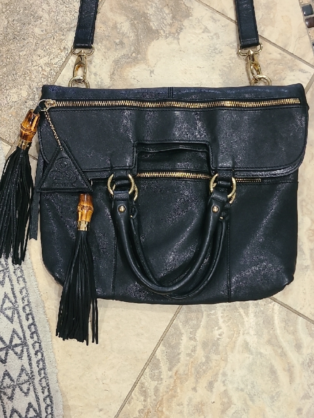 Sorial New York Black Leather Tote Bag with Tassel Accents - Picture 3 of 11